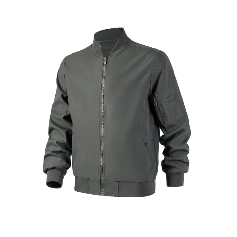 A men's lightweight bomber jacket by Arenzza in black, displayed on a hanger with a casual urban background.