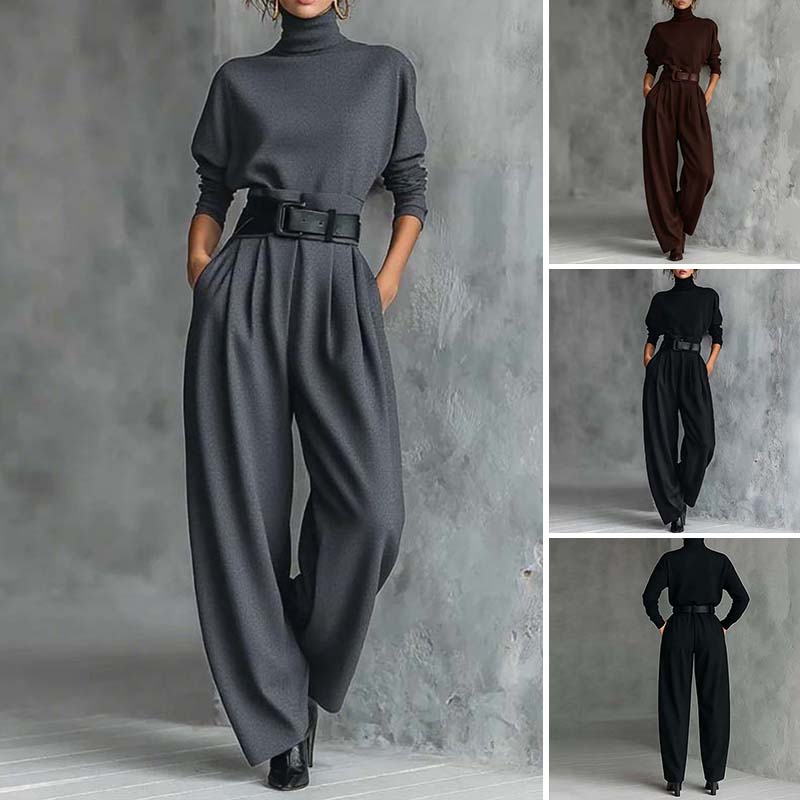 Aarenzza women's elegant turtleneck top and high-waist pants set with a free belt, displayed in a stylish clothing ensemble.