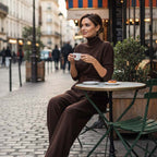 Aarenza women's elegant turtleneck top and high-waist pants set, featuring a matching belt, stylish and chic clothing ensemble.