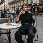 Women’s elegant turtleneck top and high-waist pants set by Arenzza, featuring a coordinated matching outfit with a free belt.
