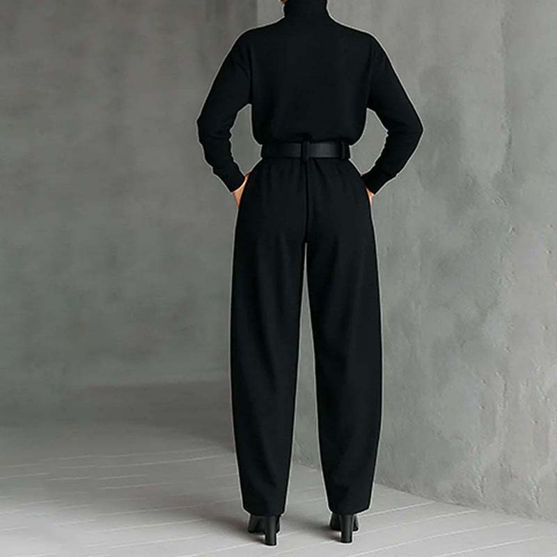Aarenza women's elegant turtleneck top and high-waist pants set with a free belt, stylish clothing and accessories for women.