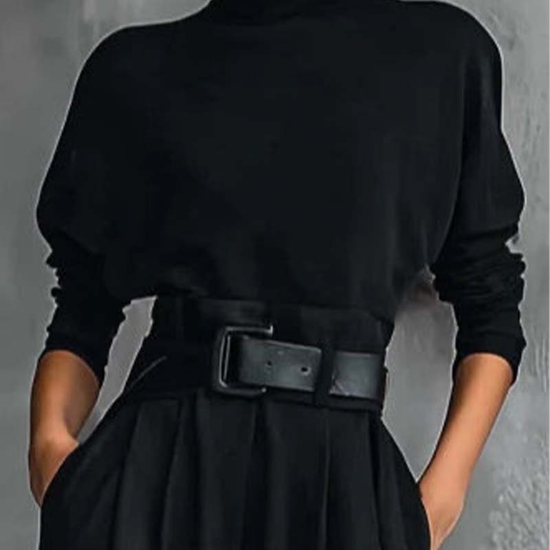 A women’s elegant turtleneck top and high-waist pants set by Arenzza, featuring a fitted turtleneck and stylish high-waist trousers.