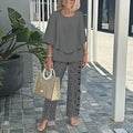 Arenzza women's casual two-piece set with printed round neck top and matching pants, half sleeves, perfect for summer comfort.
