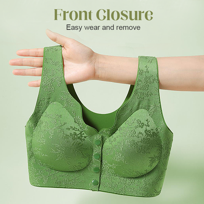 Aarenza Comfort front-clasp wire-free seamless bra in soft fabric, designed for support and comfort, shown on a neutral background.