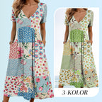 Aarenza women's patterned V-neck short sleeve dress with soft fabric, slim fit, casual style in a vibrant design.