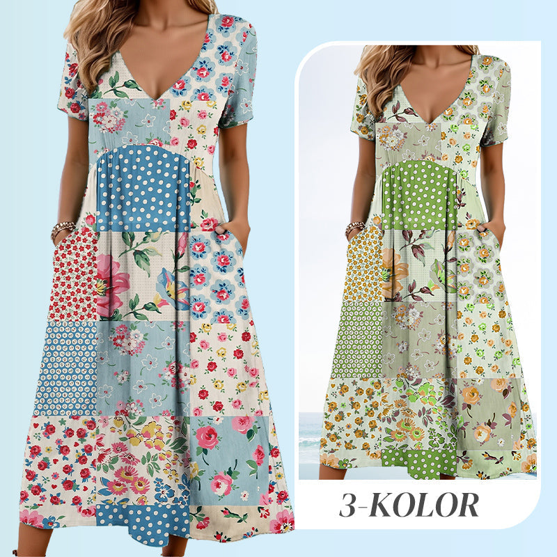 Aarenza women's patterned V-neck short sleeve dress with soft fabric, slim fit, casual style in a vibrant design.
