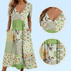 A woman wearing Arenzza women's patterned V-neck short sleeve dress in soft fabric, showcasing a slim, flattering fit.