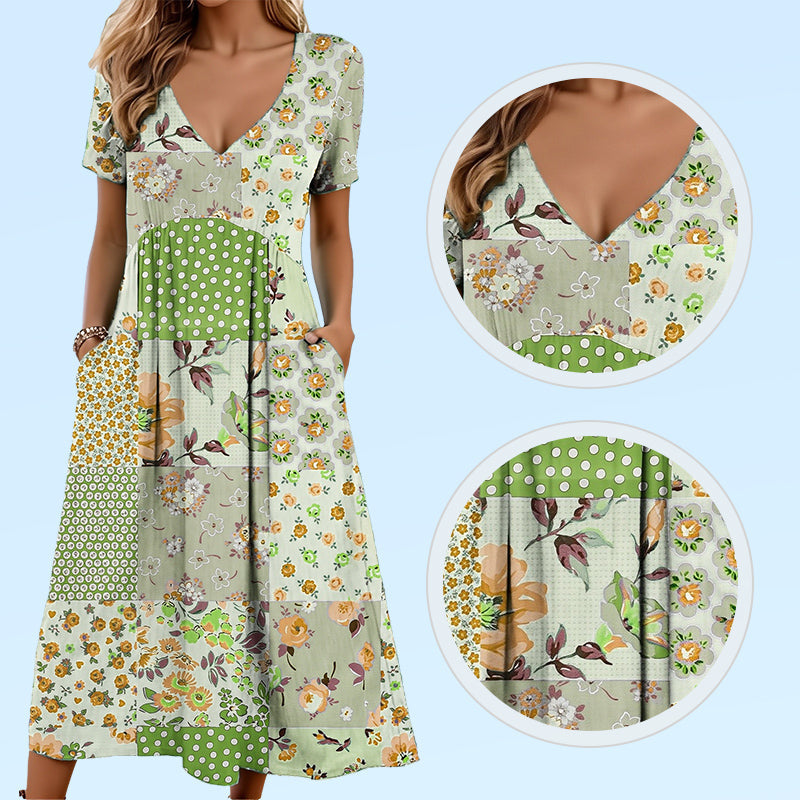 A woman wearing Arenzza women's patterned V-neck short sleeve dress in soft fabric, showcasing a slim, flattering fit.