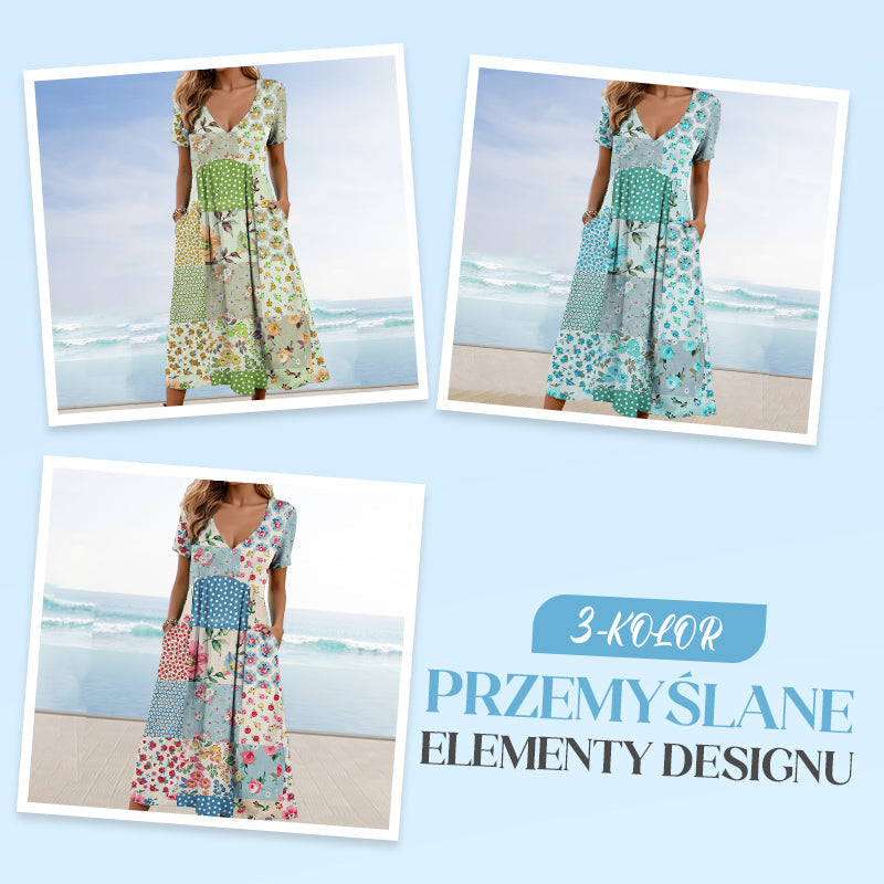 Aarenza women's patterned V-neck short sleeve dress with soft fabric, slim fit, casual style, in a vibrant floral print.