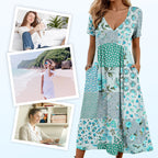 Aarenza women's patterned V-neck short sleeve dress with soft fabric, slim fit, casual style, in vibrant floral print.