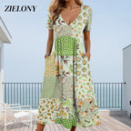 Aarenza women's patterned V-neck short sleeve dress with soft fabric, slim fit, casual style, in vibrant print, on a hanger.