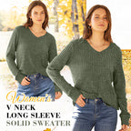 A women’s long sleeve V-neck solid sweater by Arenzza in warm autumn colors, displayed on a hanger.