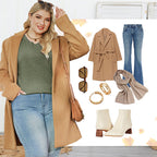 A woman wearing a beige V-neck long sleeve solid sweater by Arenzza, perfect for autumn, showcasing its cozy fit and soft fabric.