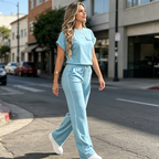 Arenzza women's casual short sleeve top and wide-leg pants set, featuring a stylish and comfortable clothing ensemble.