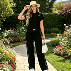 Arenzza women's casual short sleeve top and wide-leg pants set, comfortable clothing ensemble in neutral tones.