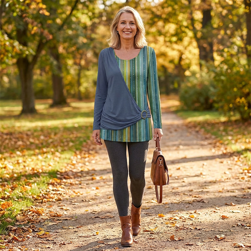 Aarenza long sleeve striped patchwork T-shirt with mixed patterns in black, white, and gray, displayed on a hanger.