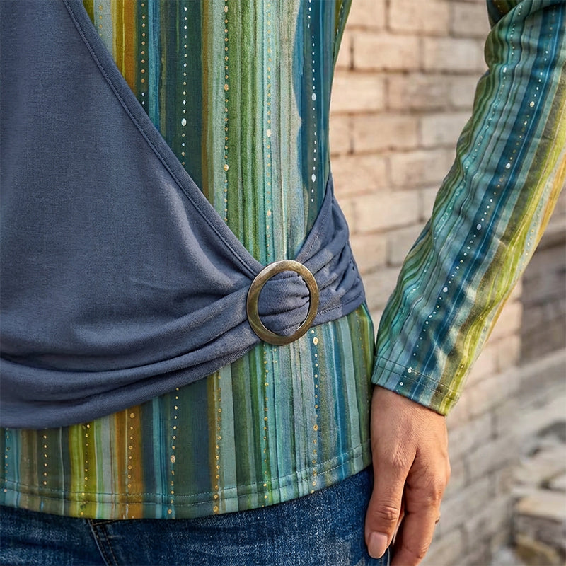 Aarenza long sleeve striped patchwork T-shirt featuring a mix of colorful stripes and patchwork design, casual clothing for men or women.