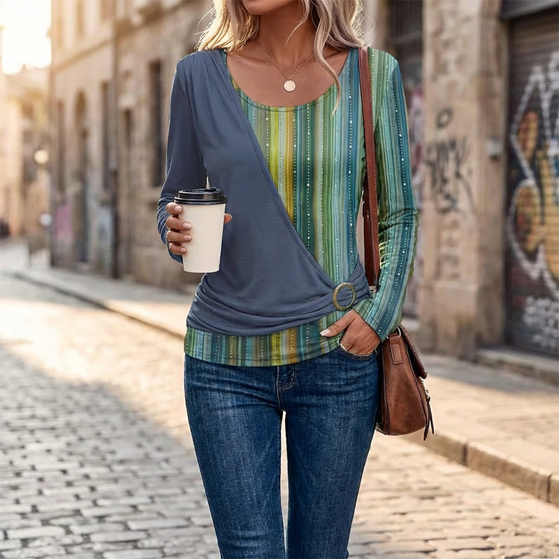 Aarenza long sleeve striped patchwork T-shirt with mixed patterns in various colors, casual clothing for women.