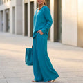 Aarenza women's V-neck lounge set with matching wide-leg pants in soft fabric, perfect for comfortable casual wear.