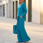 Aarenza women's V-neck lounge set with matching wide-leg pants in soft fabric, perfect for comfortable casual wear.