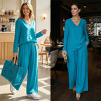 Women's V-neck lounge set with wide-leg pants by Arenzza, soft and comfortable casual clothing for relaxed wear.