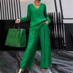 Aarenza women's v-neck lounge set with wide-leg pants in soft fabric, featuring a relaxed fit and comfortable style.