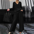 Aarenza women's V-neck lounge set with matching wide-leg pants, soft fabric, relaxed fit, ideal for comfortable home wear.