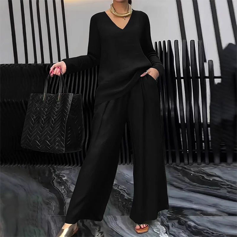 Aarenza women's V-neck lounge set with matching wide-leg pants, soft fabric, relaxed fit, ideal for comfortable home wear.
