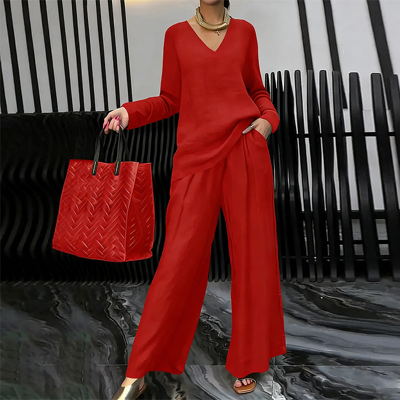 Women's V-Neck Lounge Set with Wide-Leg Pants by Arenzza, featuring a comfortable V-neck top and relaxed wide-leg pants in soft fabric.