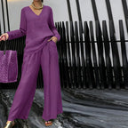 Aarenzza women's V-neck lounge set with matching wide-leg pants, soft fabric, and relaxed fit, perfect for comfortable casual wear.