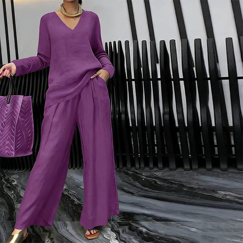 Aarenzza women's V-neck lounge set with matching wide-leg pants, soft fabric, and relaxed fit, perfect for comfortable casual wear.
