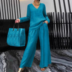Women's V-neck lounge set with wide-leg pants by Arenzza, featuring soft fabric and relaxed fit, perfect for comfortable home wear.