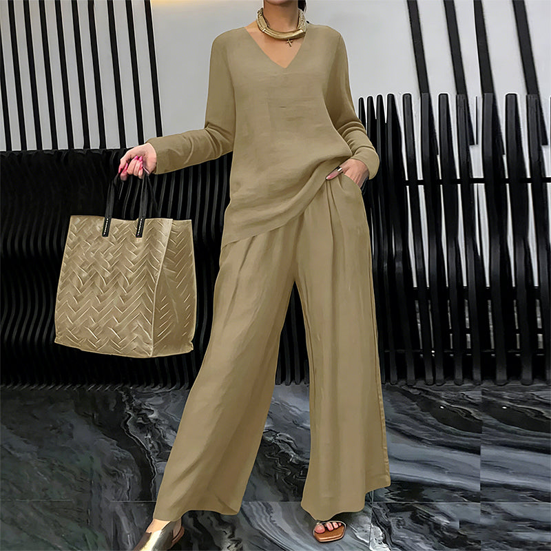 Aarenza women's V-neck lounge set with wide-leg pants in soft fabric, perfect for comfortable home wear.