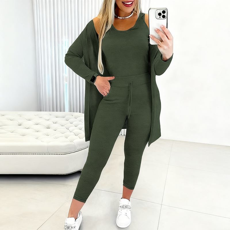 A women's casual fashion 3-piece clothing set by Arenzza, featuring a top, pants, and a matching jacket in neutral tones.