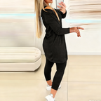 A women's casual fashion 3-piece clothing set by Arenzza, featuring a stylish top, pants, and jacket in neutral tones.
