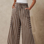 Women's striped wide-leg drawstring pants by Arenzza, featuring comfortable fit and casual style, with vertical stripe pattern.