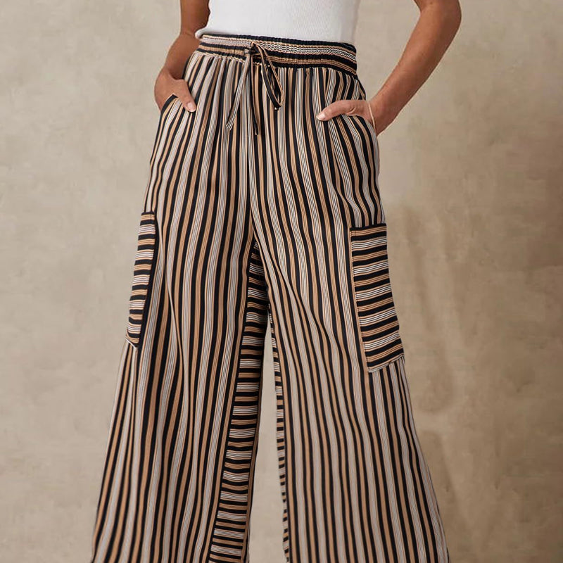 Women's striped wide-leg drawstring pants by Arenzza, featuring comfortable fit and casual style, with vertical stripe pattern.