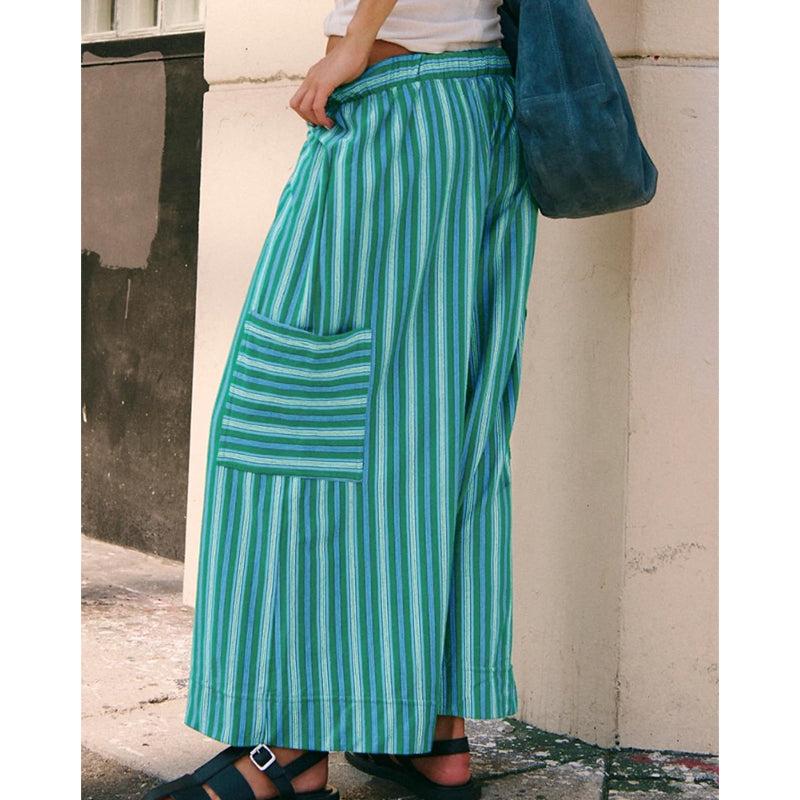 Women's striped wide-leg drawstring pants by Arenzza, featuring a relaxed fit with bold horizontal stripes and adjustable waist.