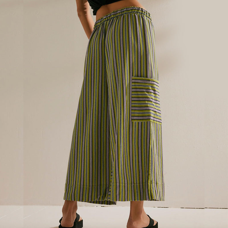 Women's striped wide-leg drawstring pants by Arenzza, featuring a relaxed fit and casual style, shown on a model.