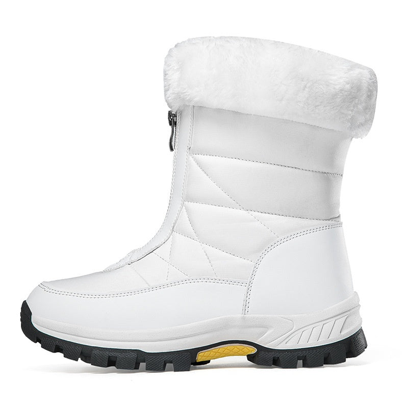 A pair of Arenzza women’s non-slip warm zipper snow boots in black, featuring a cozy interior and sturdy soles for winter wear.