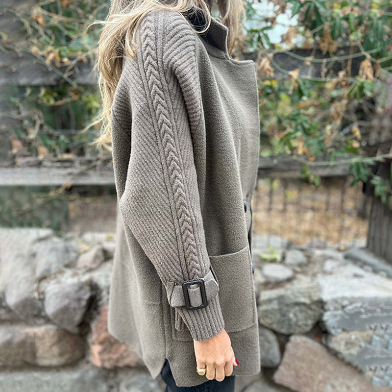 Women’s mid-length Arenzza double-breasted coat with lapel collar, stylish and warm outerwear for women.