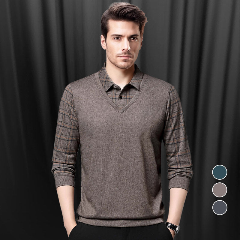 Men's faux two-piece lapel long-sleeve top by Arenzza, stylish men's clothing with a layered look, black fabric, and tailored fit.