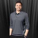 Men's faux two-piece lapel long-sleeve top by Arenzza, stylish clothing with layered look and long sleeves, close-up view.