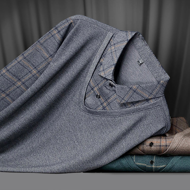 Men's faux two-piece lapel long-sleeve top by Arenzza, stylish clothing with a layered look, shown in a close-up front view.