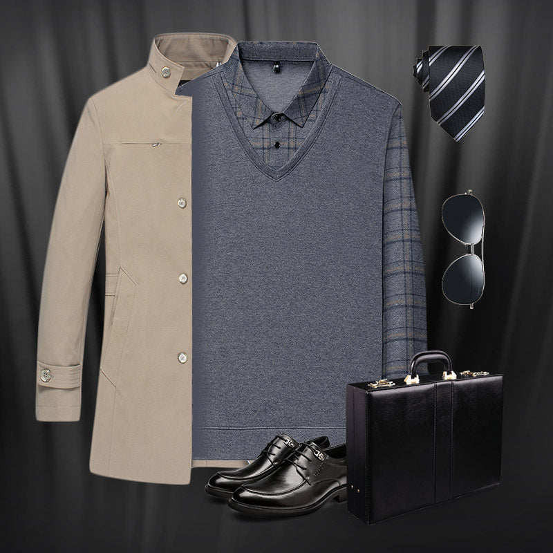 Men's faux two-piece lapel long-sleeve top by Arenzza, stylish men's clothing with a layered look and tailored lapel details.