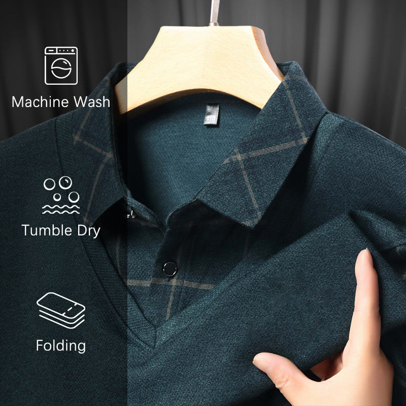Men's faux two-piece lapel long-sleeve top by Arenzza, stylish clothing with layered look, in black with button details.