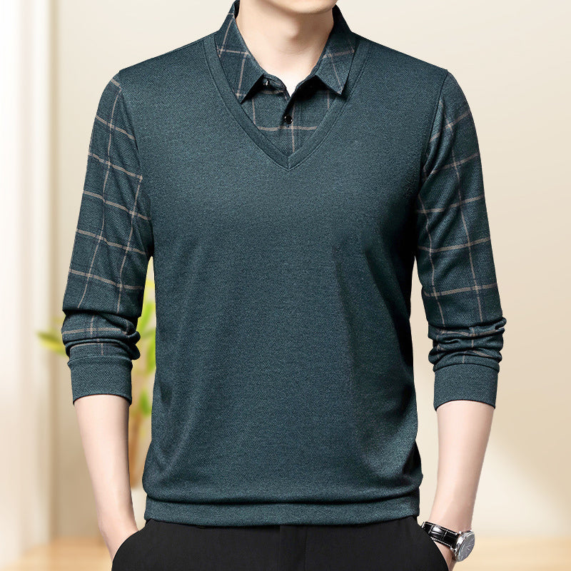 Men's faux two-piece lapel long-sleeve top by Arenzza, featuring a stylish layered look and tailored fit in dark fabric.