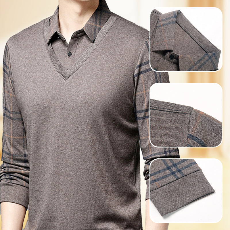 Men's faux two-piece lapel long-sleeve top by Arenzza, featuring a stylish layered look with lapel collar and long sleeves.