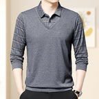A man wearing Arenzza men's faux two-piece lapel long-sleeve top, featuring a layered look with a collar and button details.