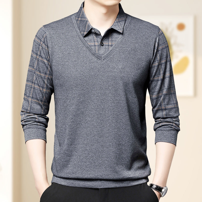 A man wearing Arenzza men's faux two-piece lapel long-sleeve top, featuring a layered look with a collar and button details.